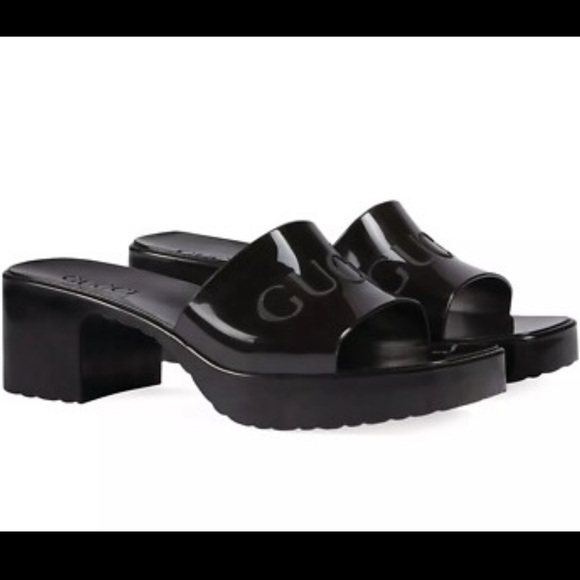 GUCCI LOGO BLACK RUBBER PLATFORM SLIDES / SANDAL / WOMENS HEELS - Picture 11 of 11